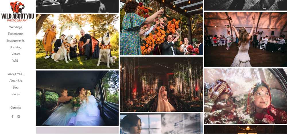 A screenshot of the Wild About You Photography website displays a gallery of wedding photographs arranged in three columns.