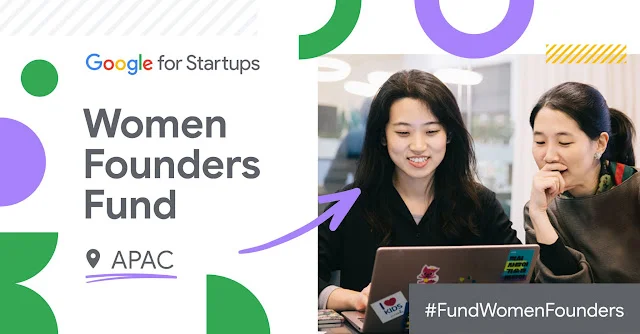 Women Founders Fund APAC のタイトルとパソコンで働く女性がいる画像。