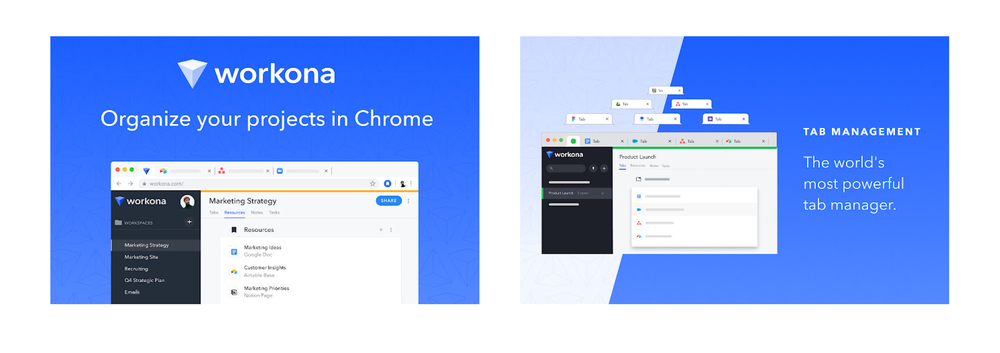 四个图像并排的Workona标签管理器扩展用户界面在Chrome浏览器