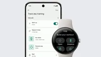 La Pixel Watch 3 affiche les options de Workout Builder au poignet ; en arrière-plan se trouve un téléphone mobile montrant un exemple d'exécution dans l'application Fitbit