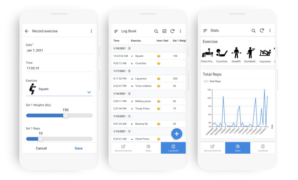 Image showing three phone screens next to each other, each with different features of a workout tracking app on them.