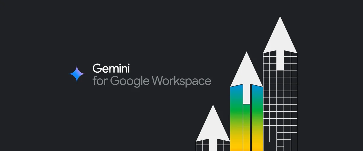 “Gemini for Google Workspace”  in white and grey text on a black background. Three colorful, geometric cursors point upwards beside the text.