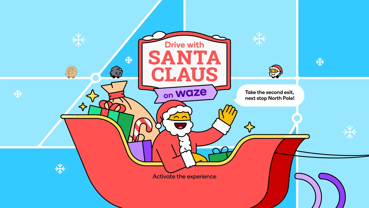 Illustration of Santa riding a sleigh with the text "Drive with Santa Claus on Waze"