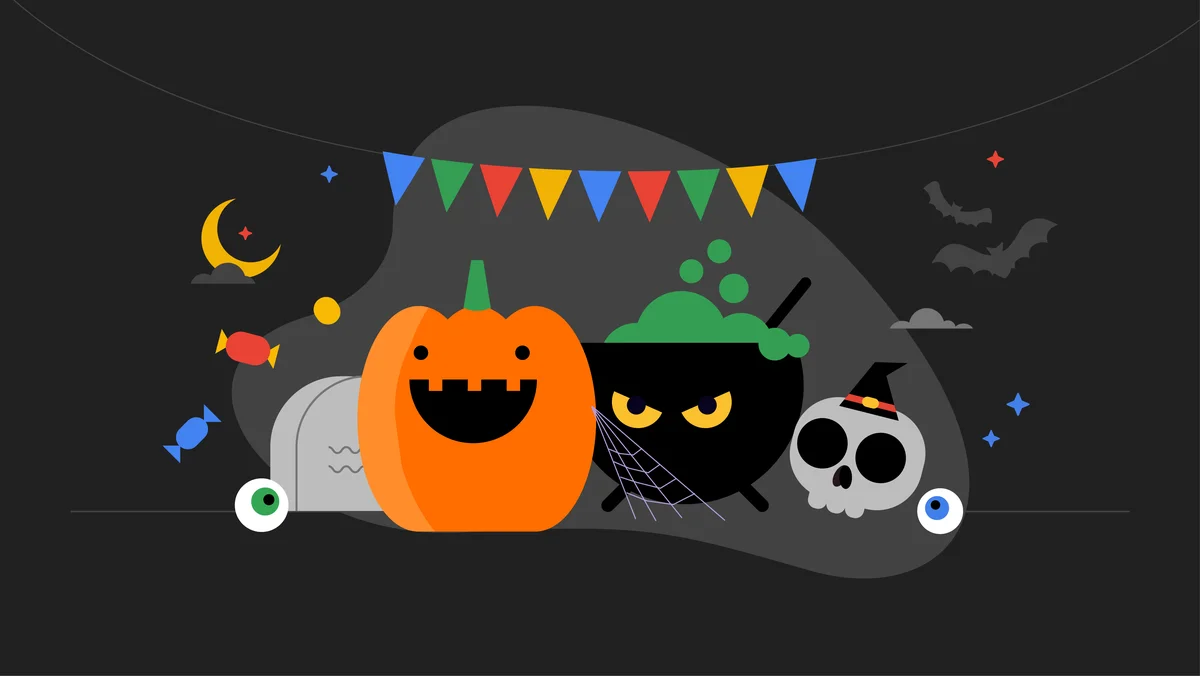 An illustration of a jack-o-lantern, a cauldron with eyes, a skeleton head with a witch hat, pieces of candy, flying bats, and a string of party flyers - the flyers are in Google colors.