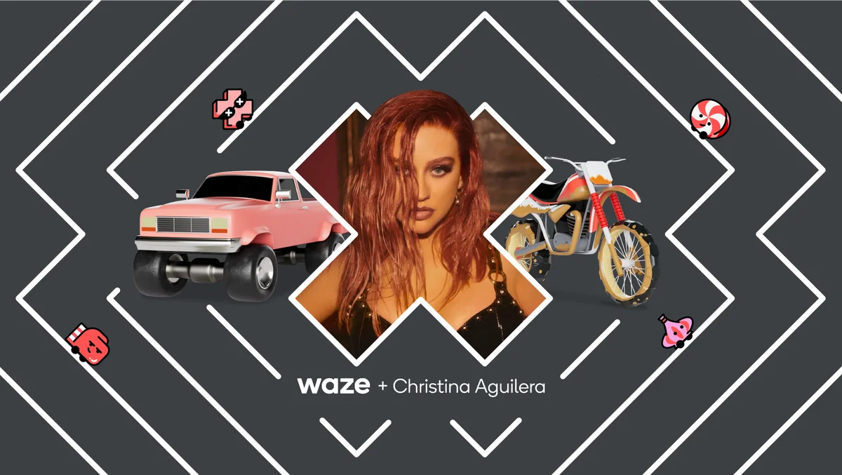 A picture of Christina Aguilera in the center with illustrations examples of the in-car icons for the Waze experience, including two cars, a pink pickup truck and a motorbike, and four waze Mood icons – an X, a boxing glove, a candy, and a genie bottle