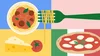 Ilustration of a large fork with spaghetti noodles hovering over a plate of pasta and red sauce. Below that is a block of cheese and a tomato, and in the corner there is a pizza pie.