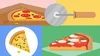 Illustration of various types of pizza with a pizza cutter in the upper right-hand quadrant of the image.