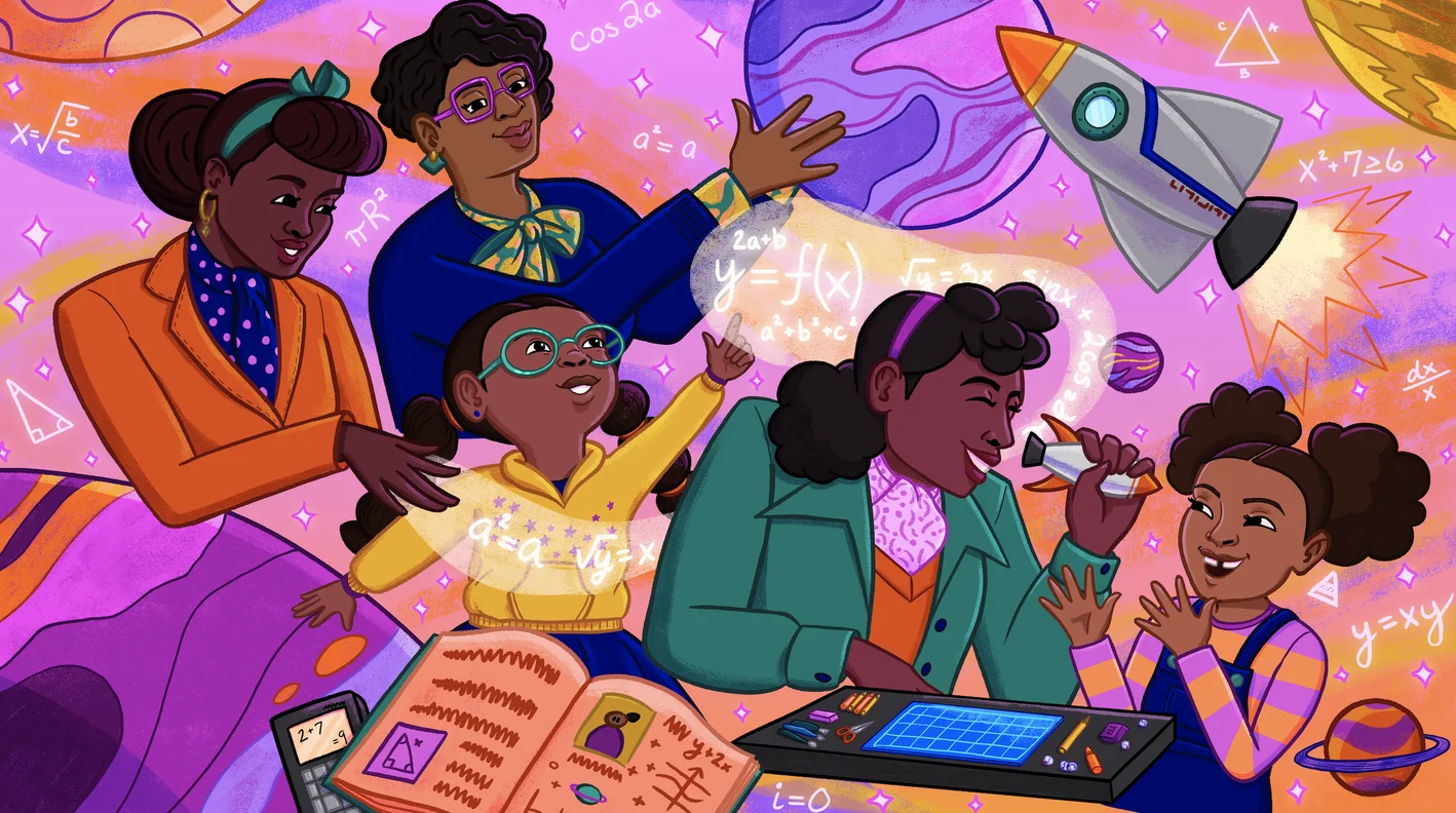 An illustration of Black women scientists teaching young Black girls about science.