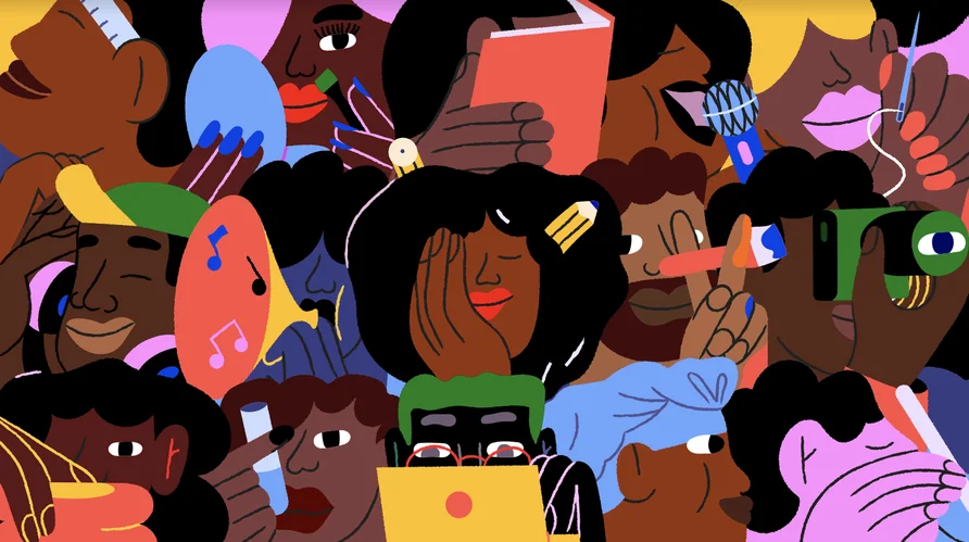 An illustration featuring Black singers, painters, musicians and other artists