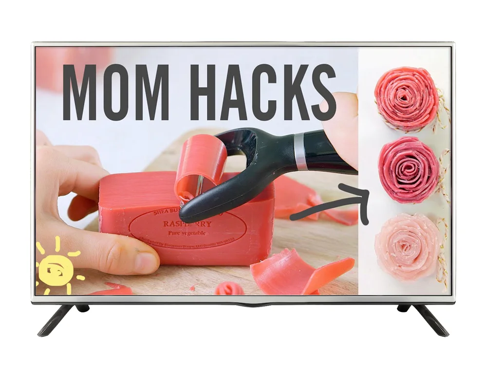 Google Video Ads: Image of a bar of soap being shaped into a rose. Text says "Mom Hacks"