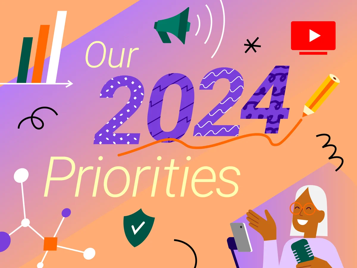 Colourful image that says "Our 2024 priorities" with the YouTube logo