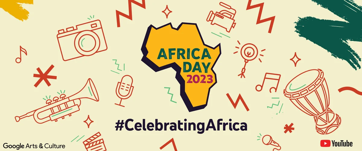 This image displays a yellow 2D map of Africa with "Africa Day 2023" inscribed, "#celebratingafrica" beneath, and a YouTube logo at the bottom right. It features red icons of music and film items on a light yellow background.