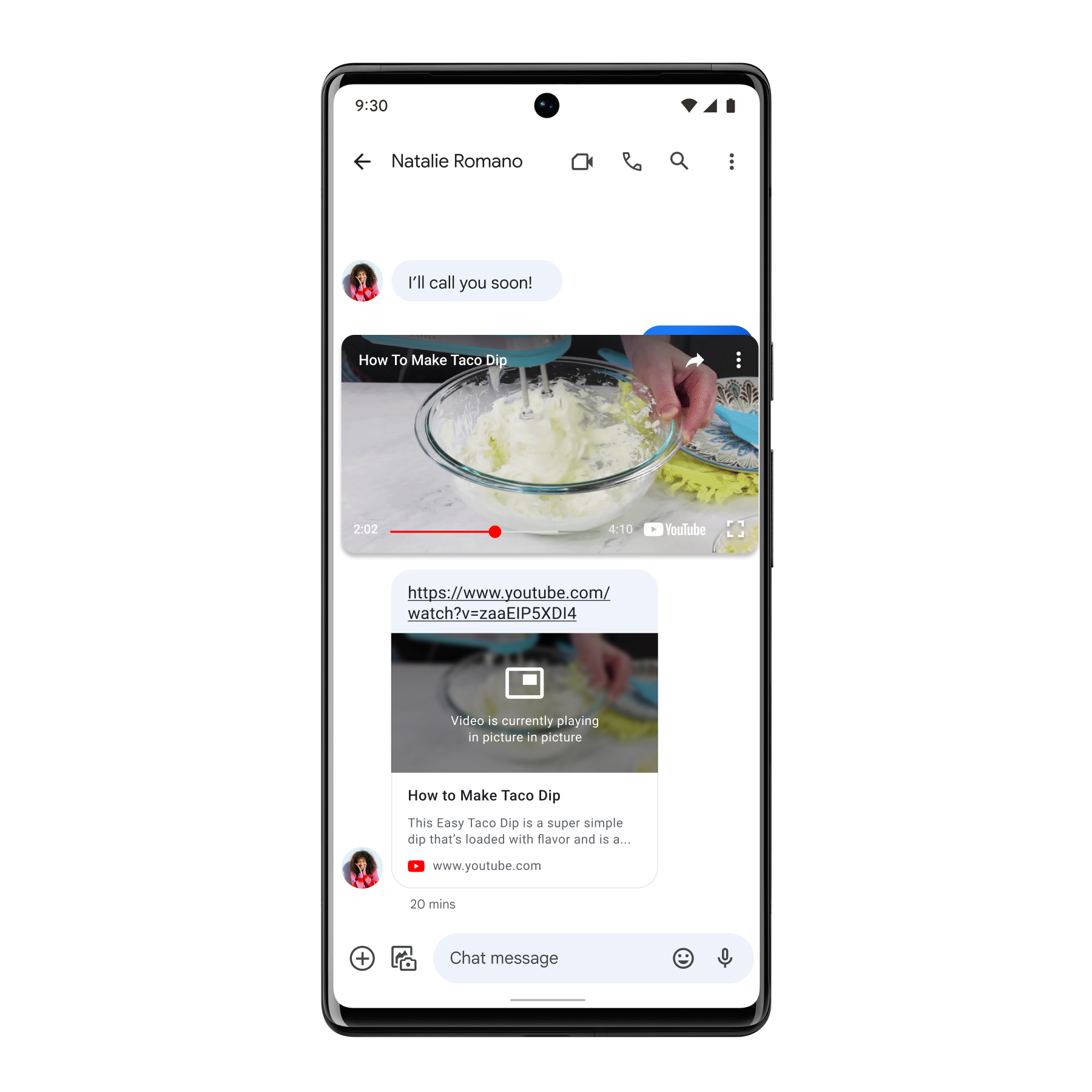 Phone showing the YouTube picture in picture feature, where a user is watching a video of a taco dip recipe, while continuing their chat conversation