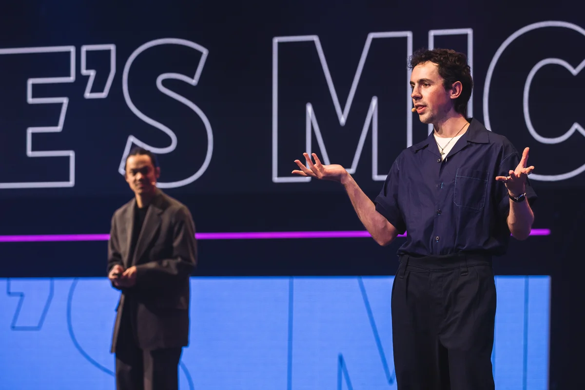 Mike from YouTube channel Mike's Mic on stage with YouTube's APAC culture and trends lead, Ashley Chang, at this year's Brandcast event.