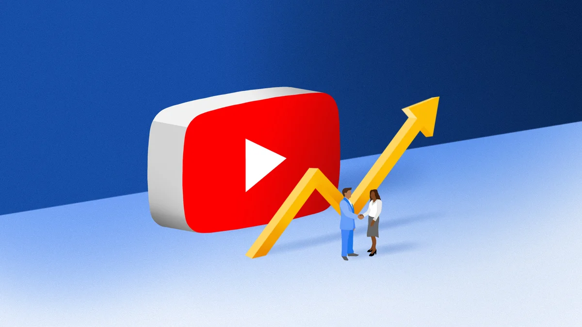 Article's hero media showing an illustration of a youtube play button and a jagged arrow, underneath which stand two small people