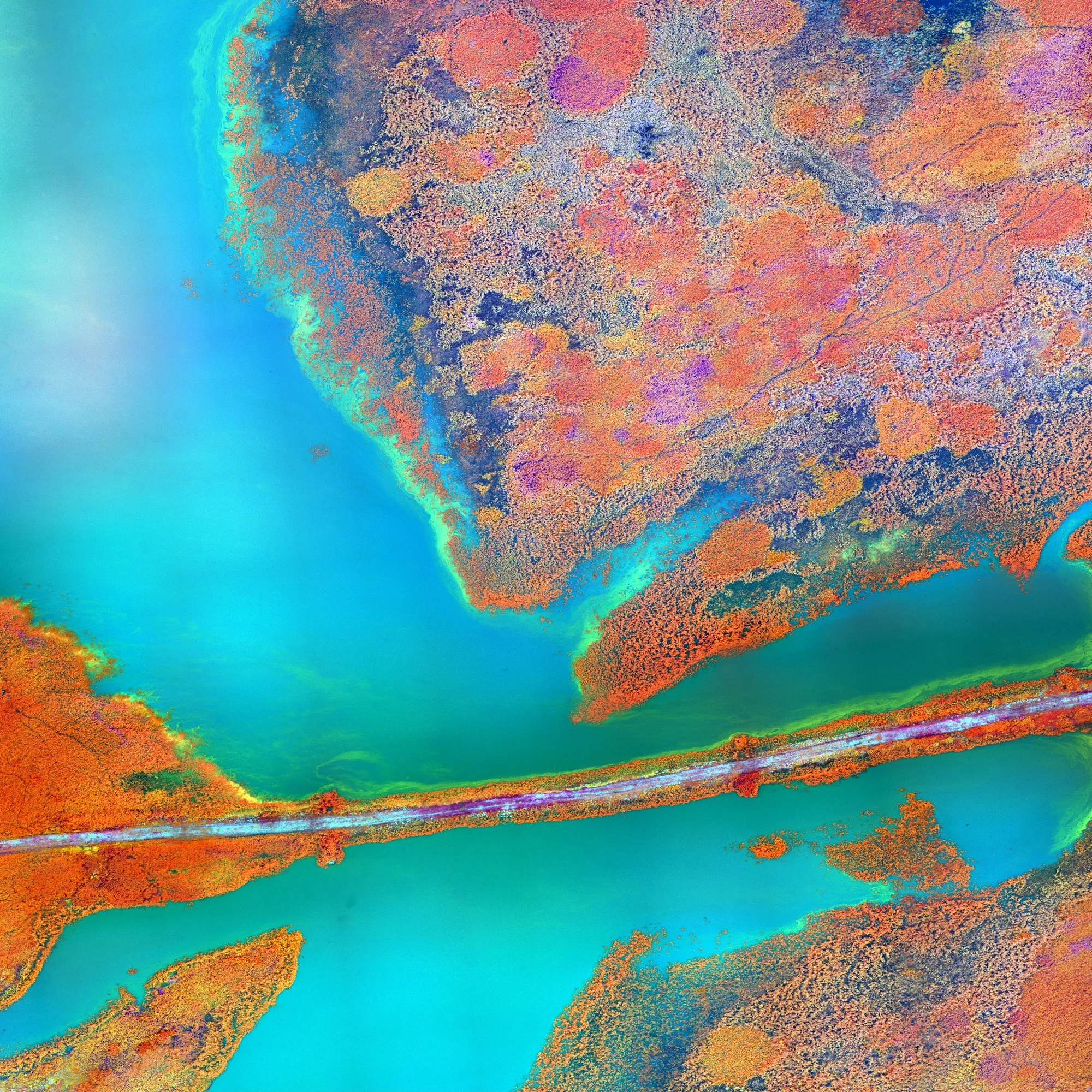 Colourful areal image of a landscape defines by azure waters and land marked by different shades of orange.