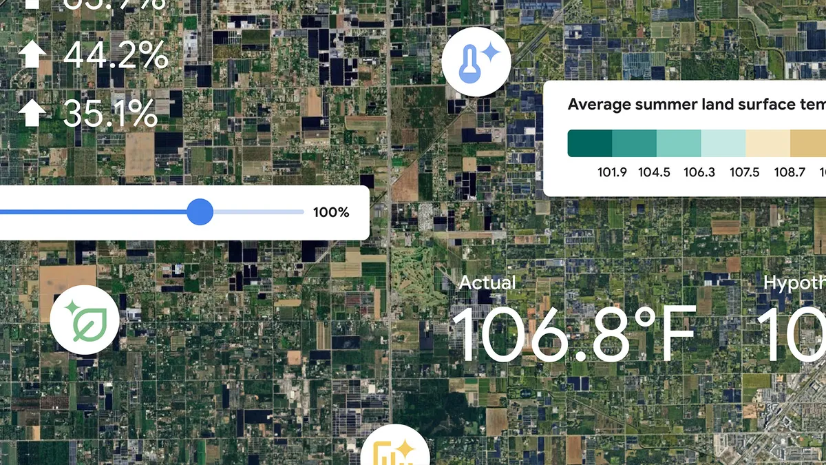 Image shows a view of Miami-Dade County with graphics indicating the average summer land surface temperature.