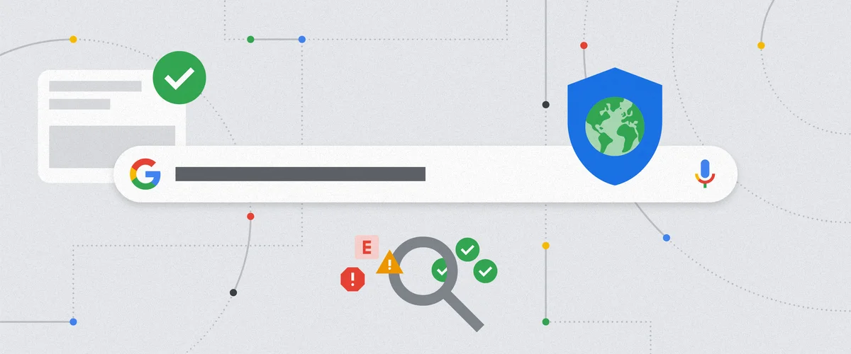 Google Search bar with grayed-out text, surrounded by a document with a green check mark, a magnifying glass next to green check marks and red and orange exclamation points, and a green globe on a blue shield-shaped background