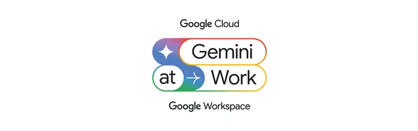 Text reads "Google Cloud, Gemini at Work, Google Workspace" surrounded by product images of Gemini and AI