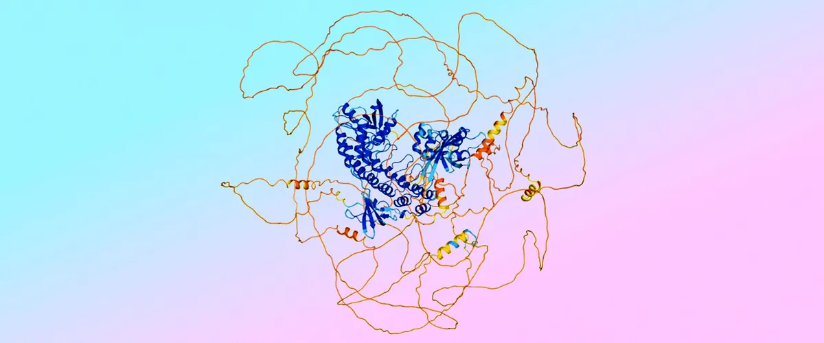 An example of a prediction from AlphaFold 3 on a blue and pink gradient background. In the center are blue tightly curled spiral structures, similar in shape to fusilli pasta. Around it are orange loose intertwined strands similar in shape to spaghetti.