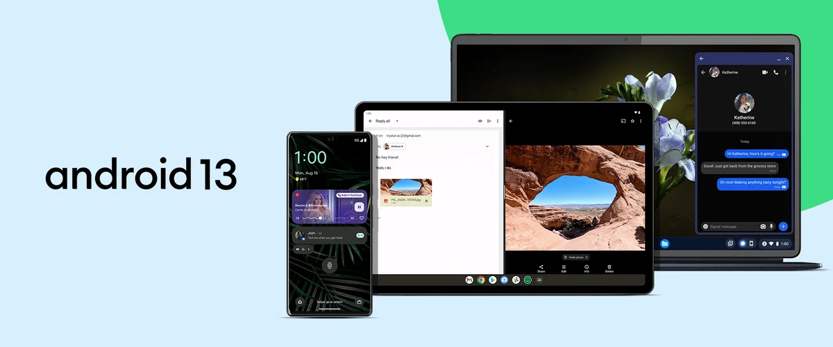 Android 13 のパソコン、タブレット、とスマートフォンの画面の画像。
