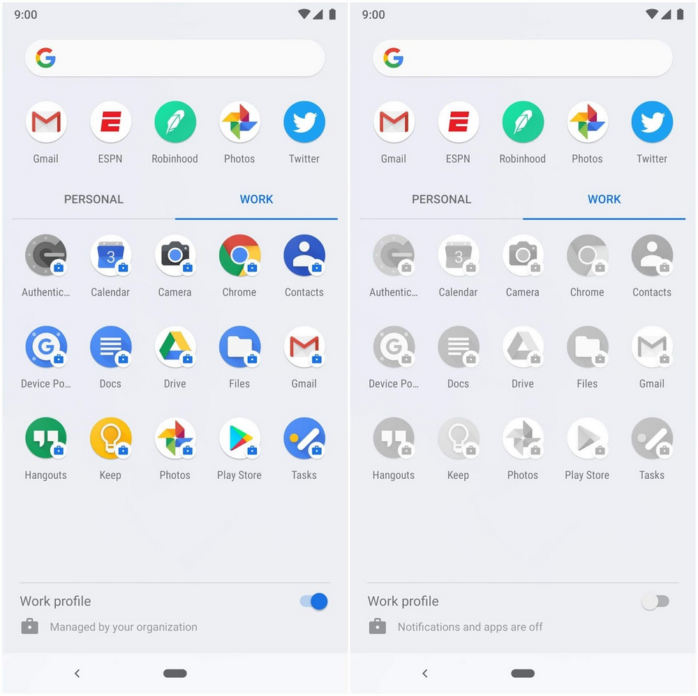 Android 9 pie work profile