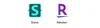 Two icons for Stylus and Rakuten side by side. The left icon has a dark blue, square background with a light blue outline and a light blue “S” in the center, and underneath it’s labeled “Stylus.” The right icon has a transparent background with a purple "R" in the center and underlined, and underneath it’s labeled “Rakuten.”