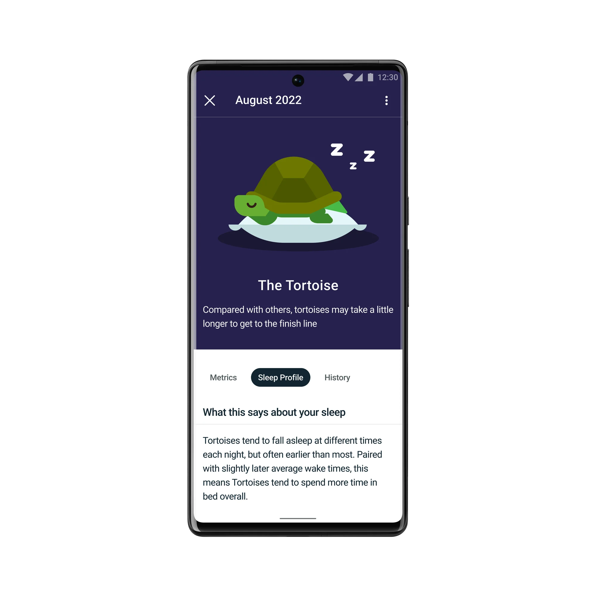 Fitbit Premium In-App-Bildschirm, der eine schlafende Schildkröte mit Erklärungen zum Schläfertyp zeigt.