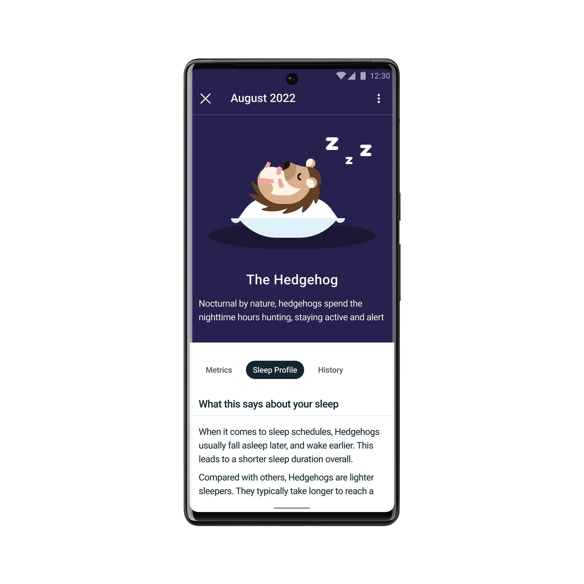 Fitbit Premium in-app screen picturing a sleeping hedgehog with explanations of the sleeper type.