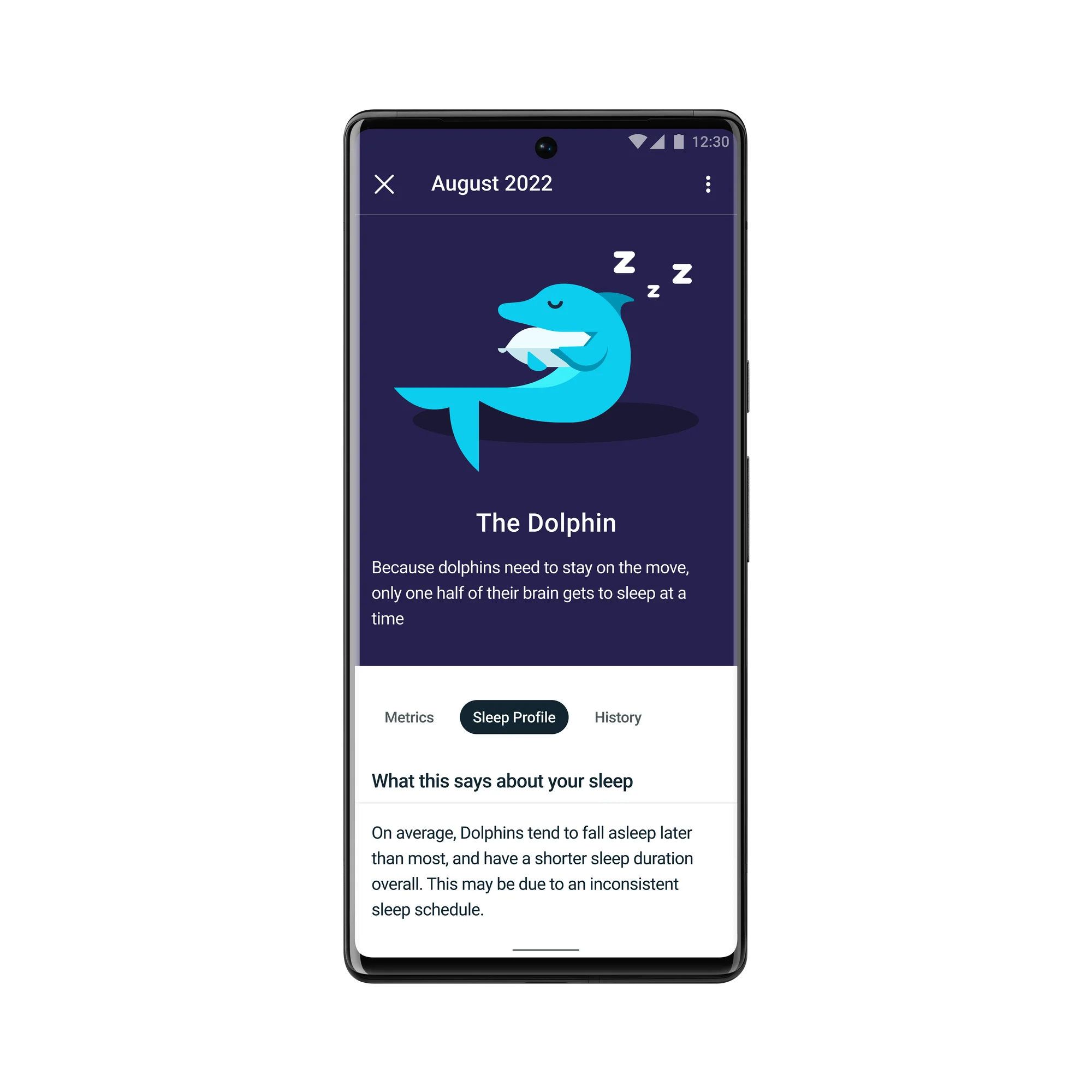 Fitbit Premium In-App-Bildschirm, der einen schlafenden Delfin mit Erklärungen zum Schläfertyp zeigt.