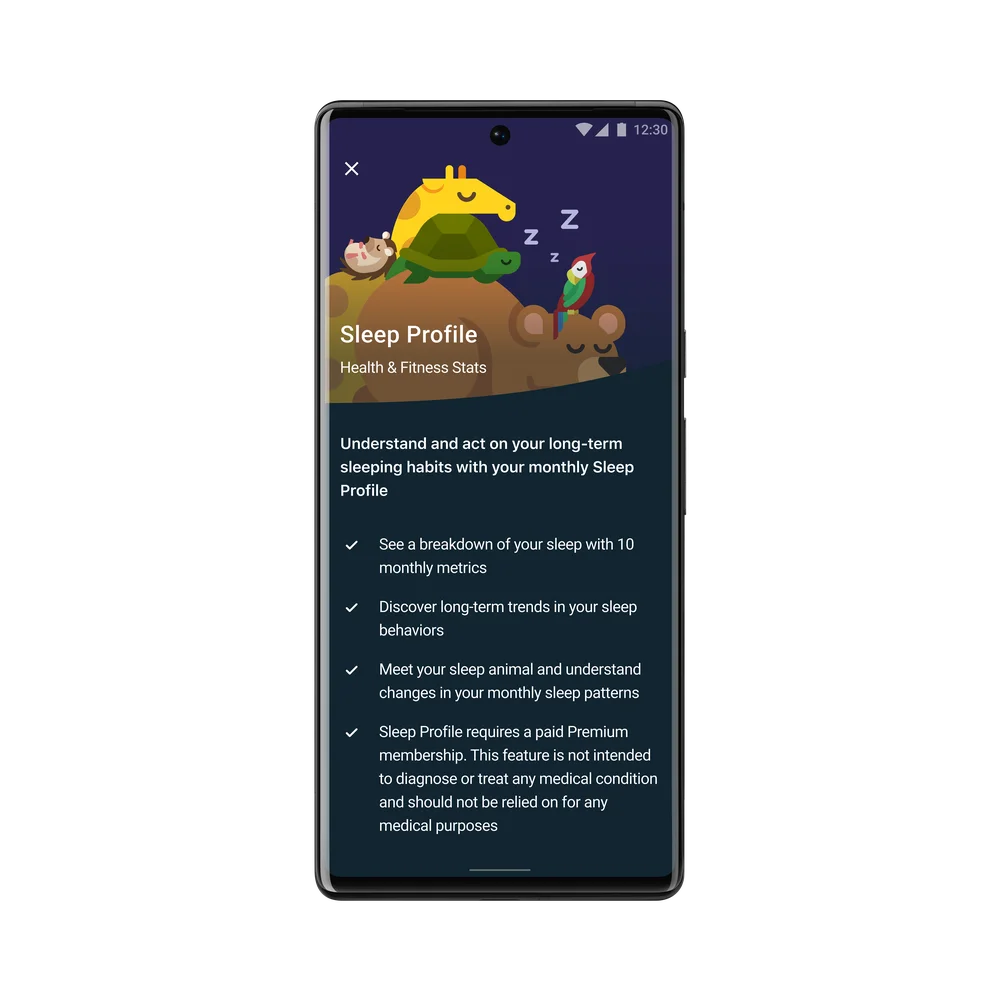 A Pixel phone with Sleep Profile pulled up on the screen. There’s a list of information below an illustration of sleeping animals, including a giraffe, a turtle and a bear.