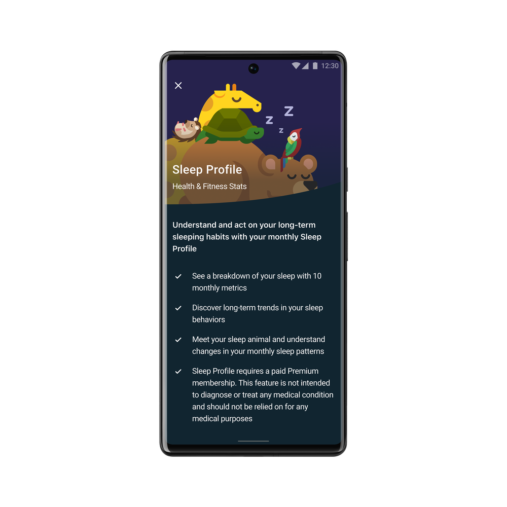 Fitbit Premium app screen outlining the details of the Sleep Profile feature with the different animal archetypes pictured.