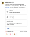 A message from Helen Chang adds the Asana app to a group chat, which shows task number, assignee and description. The message has several emoji reactions.