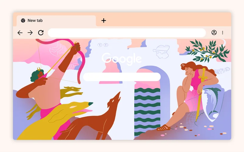 Chrome browser theme with images of Greek mythological figures, including a woman drawing a bow surrounded by wolves who faces a woman resting with a sword and shield.