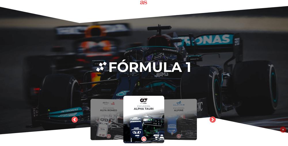 A web page with a background of a Formula 1 race car and smaller square preview tiles with Formula 1 cars and team logos.