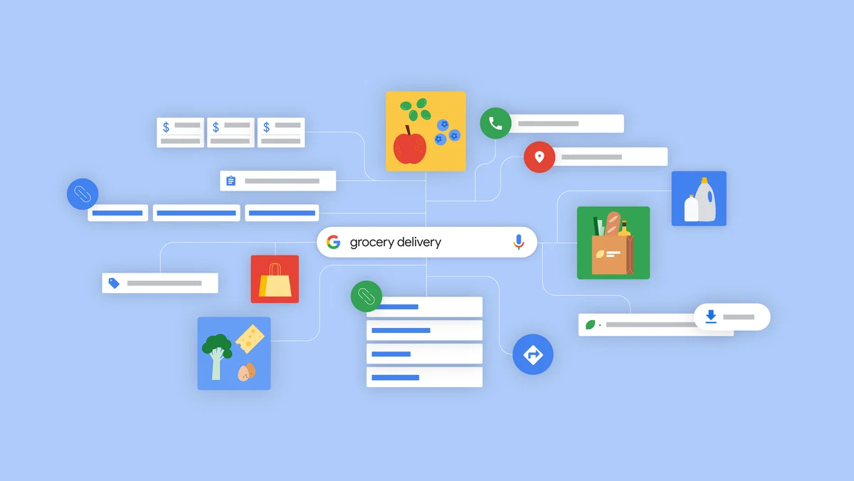 an illustration of a search for 'grocery delivery' with several colorful icons for food, shopping and prices floating around it.