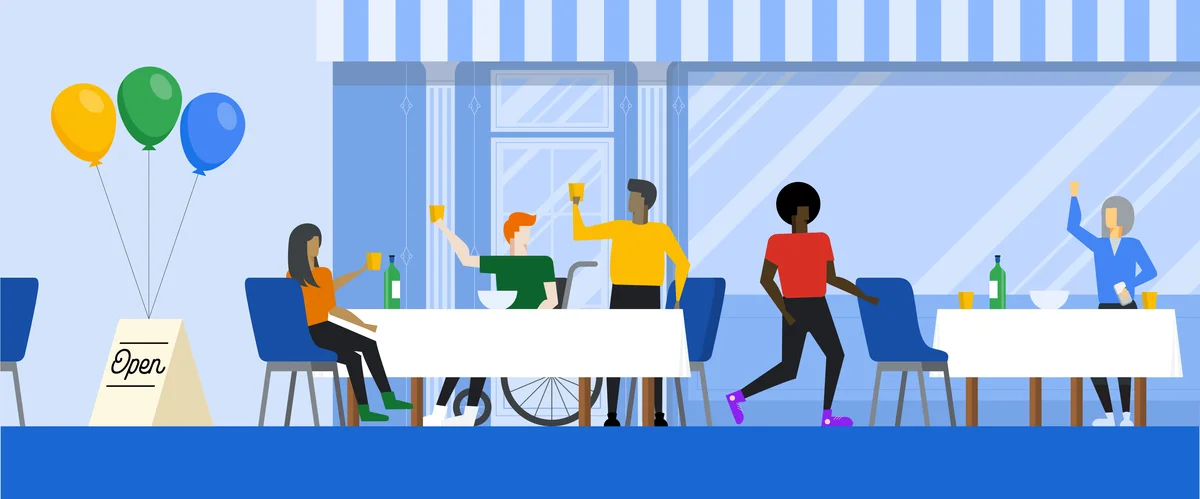 Illustration of a group of friends celebrating and having dinner outside of a restaurant