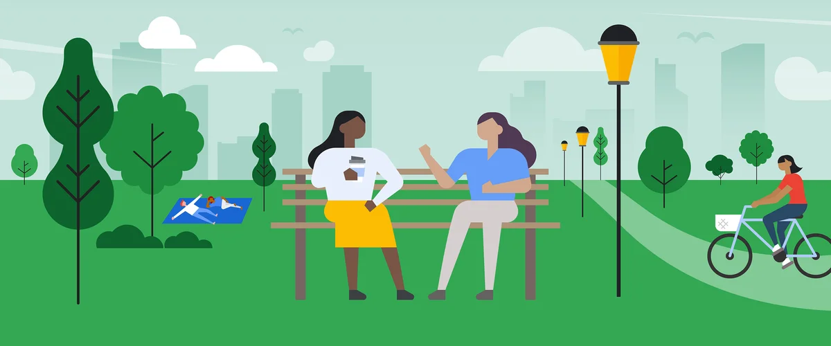 Illustration of two people sitting and talking on a park bench. Two others are lying on a blanket and another is riding a bike.