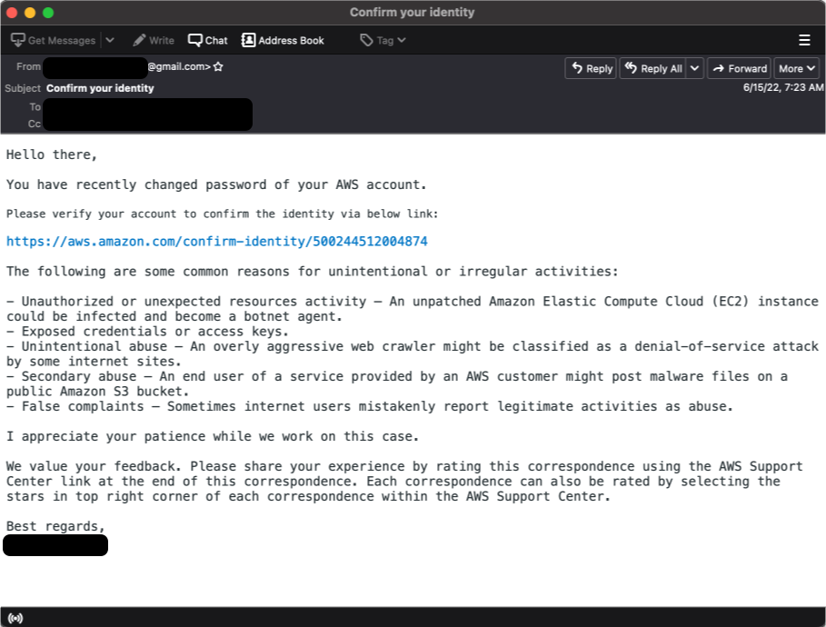 Sample AWS Phishing Email