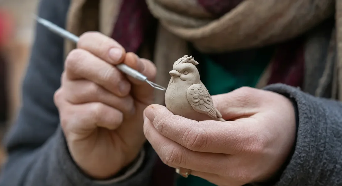 Prompt: A view of a person's hand as they hold a little clay figurine of a bird in their hand and sculpt it with a modeling tool in their other hand. You can see the sculptor's scarf. Their hands are covered in clay dust. a macro DSLR image highlighting the texture and craftsmanship.
