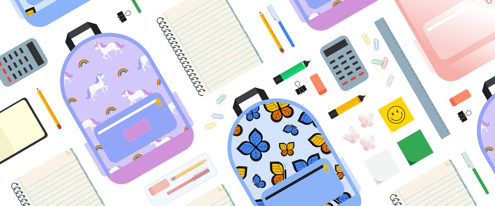 An illustration of colorful school supplies shown against a white backdrop, including a purple backpack with unicorns, a blue backpack with butterflies, notebooks, pens, pencils, calculators, hair clips and smiley face sticky notes.