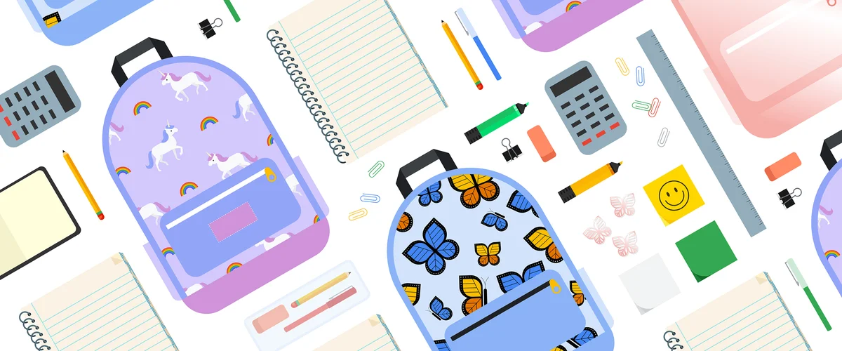 An illustration of colorful school supplies shown against a white backdrop, including a purple backpack with unicorns, a blue backpack with butterflies, notebooks, pens, pencils, calculators, hair clips and smiley face sticky notes.