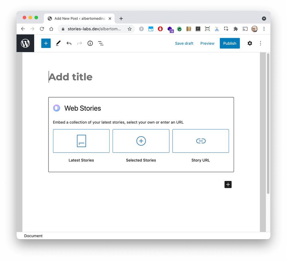 The Web Story block within the WordPress interface which has selectors to embed your latest stories, select specific stories or enter a custom URL