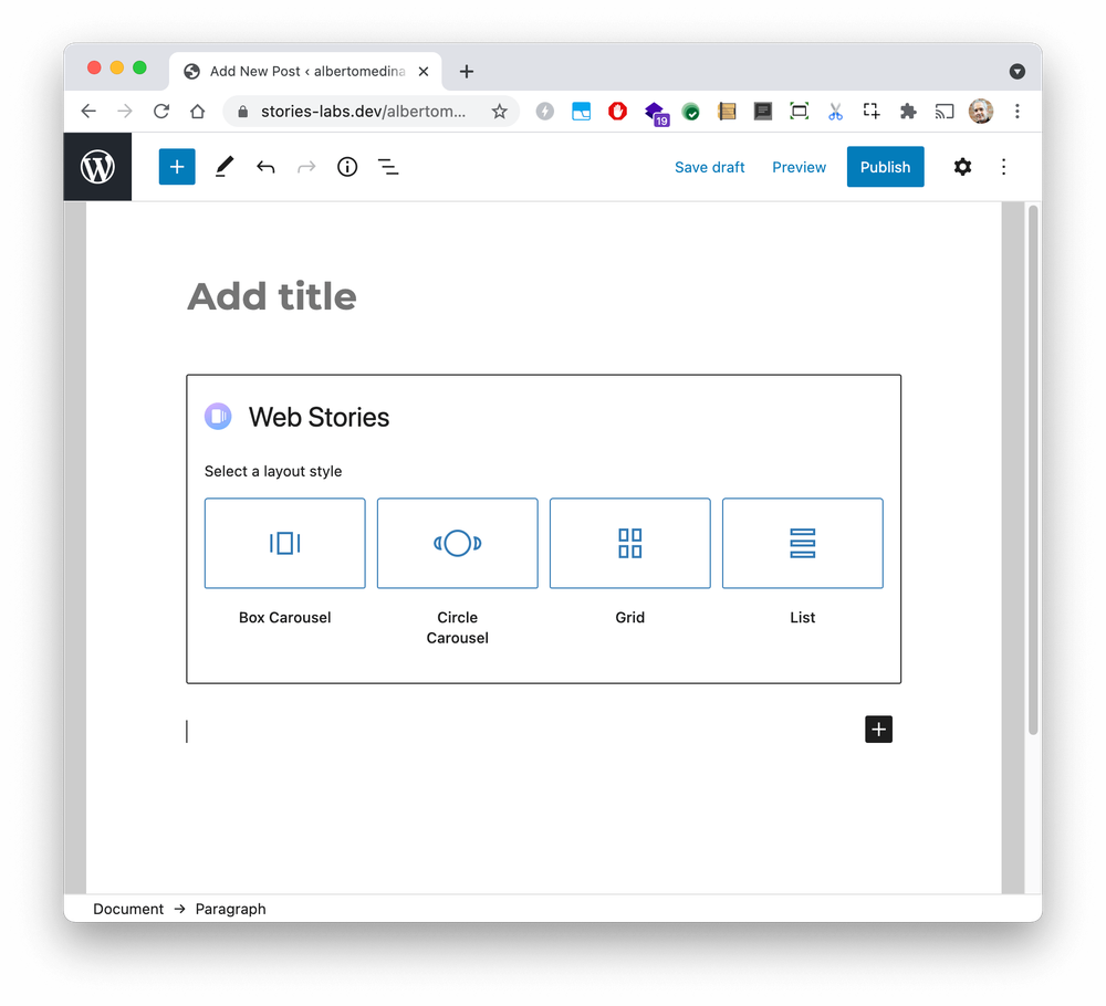 The Web Story block editor in WordPress with selectors to determine the layout of the selected Web Stories, with options for Box Carousel, Circle Carousel, Grid or List.