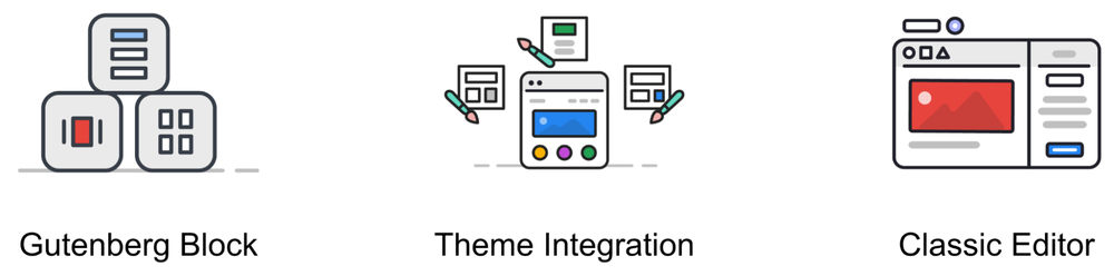 Ilustração visual abstrata de um Bloco Gutenberg com blocos empilhados, Integração de Tema com setas de pincel e o Editor Clássico com o painel do editor ao lado do conteúdo.