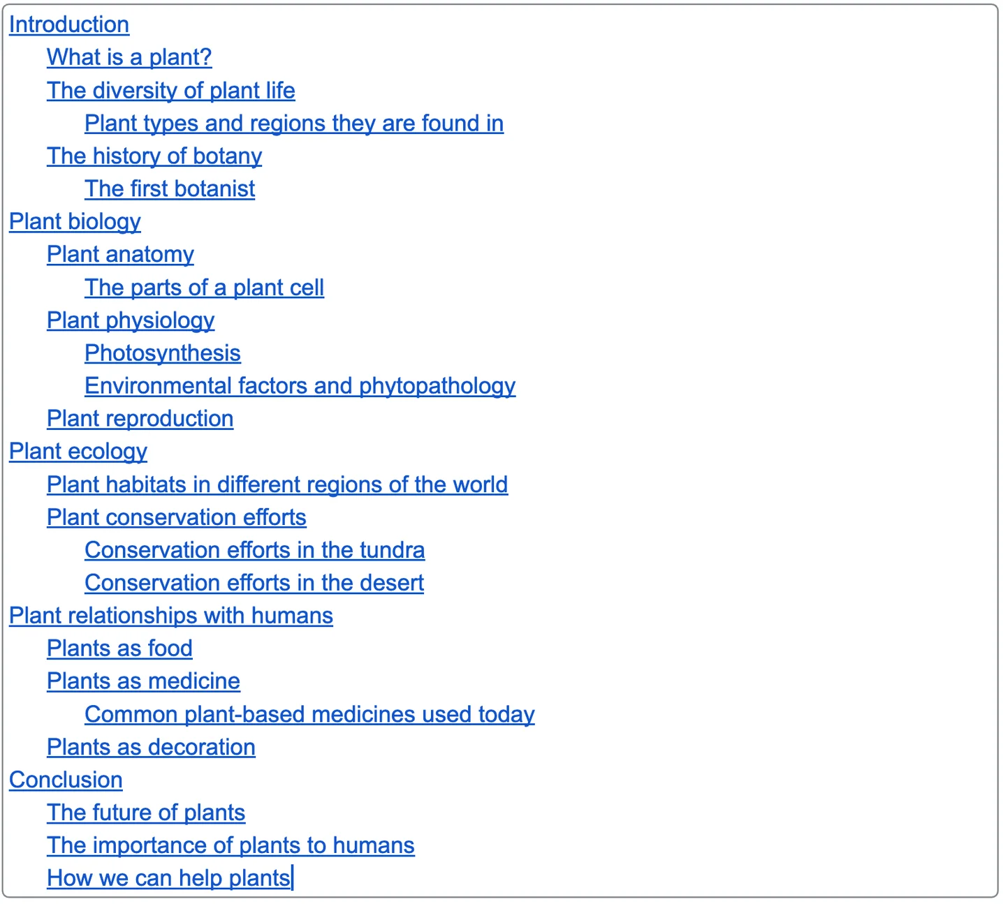 A tablet of contents in a Google Doc for a document about plant biology. The chapters/sections are hyperlinked and blue. There are no numbers; the right-hand side of the page is blank.