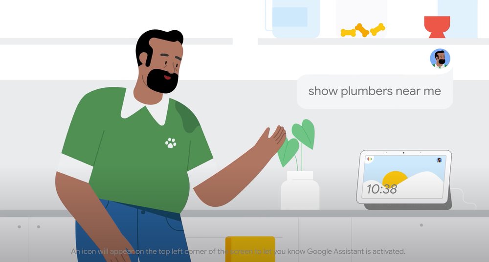 Video showing a person using the new Look and Talk feature on their Nest Hub Max to search for plumbers near them.