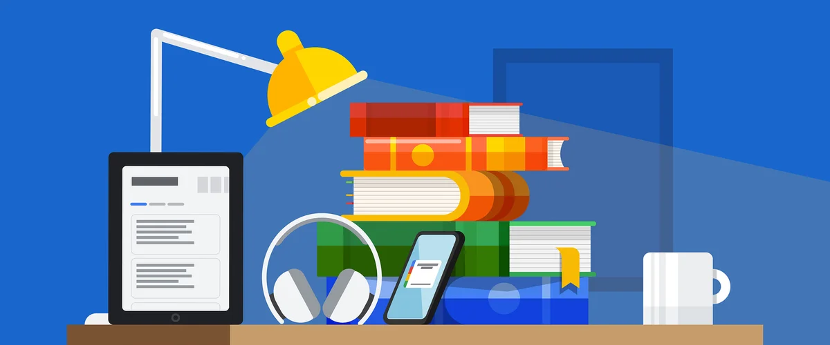 Illustration of books, a Pixel phone, a tablet, headphones, a lamp and a cup of coffee on a desk.
