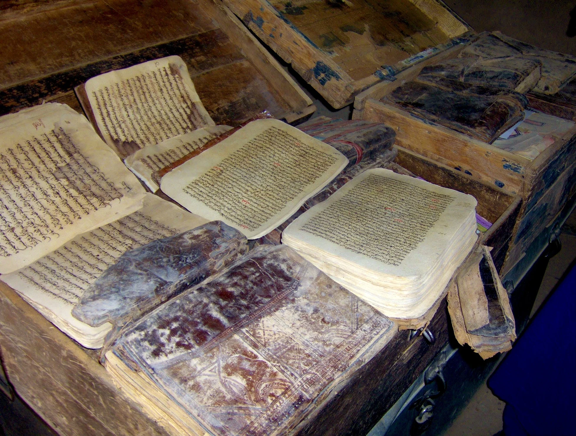 A trunk of ancient manuscripts.