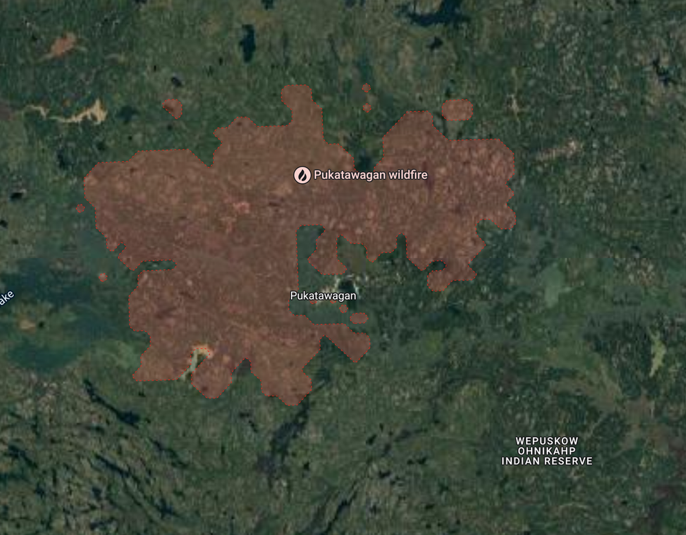 Picture shows the location of the Pukatawagan fire in Manitoba, Canada.